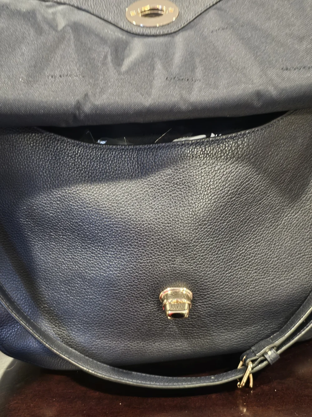 Classic Navy Leather Hobo Bag Pebbled Learher with Gold Turn-Lock